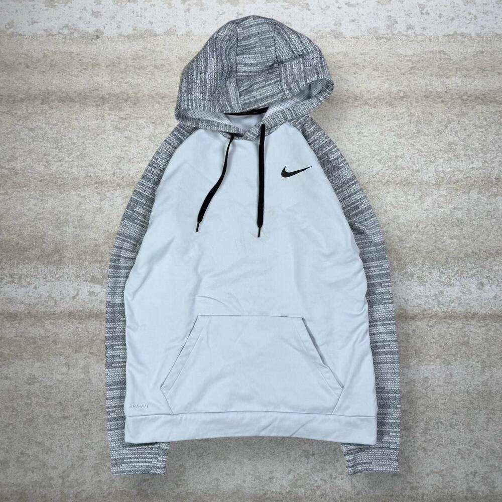 Vintage Y2K Nike Hoodie Mens M Grey Black Swoosh Polyester Pullover